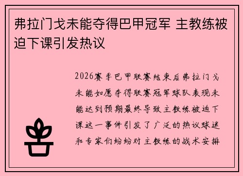 弗拉门戈未能夺得巴甲冠军 主教练被迫下课引发热议 弗拉门戈未能夺得巴甲冠军 主教练被迫下课引发热议